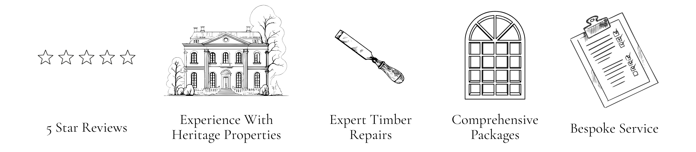 Why choose HRG Services – 5-star reviews, experience with heritage properties, expert timber repairs, comprehensive packages, and bespoke service